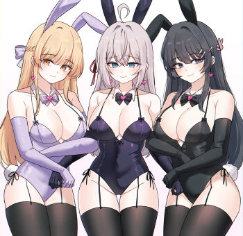 Rule 34 | 3girls, alisa mikhailovna kujou, animal ears, bare shoulders, black bow, black bowtie, black eyes, black garter straps, black gloves, black hair, black leotard, black thighhighs, blonde hair, blue eyes, blue leotard, bow, bowtie, breasts, cleavage, commentary request, commission, earrings, fake animal ears, fake tail, garter straps, gloves, heart, heart earrings, highres, hyeroin, jewelry, large breasts, leotard, long hair, multiple girls, otonari no tenshi-sama ni itsu no mani ka dame ningen ni sarete ita ken, pixiv commission, playboy bunny, purple bow, purple bowtie, purple gloves, rabbit ears, rabbit tail, sakurajima mai, seishun buta yarou, shiina mahiru (otonari no tenshi-sama), simple background, smile, tail, thighhighs, thighs, tokidoki bosotto roshia-go de dereru tonari no alya-san, very long hair, white background, white hair, yellow eyes