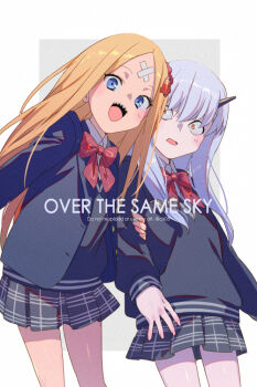 2girls abigail_williams_(fate) abigail_williams_(over_the_same_sky)_(fate) bandaid bandaid_on_face bandaid_on_forehead blonde_hair blue_eyes blue_jacket blush bow bowtie breasts collared_shirt commentary_request crossed_bandaids echo_(circa) english_text fate/grand_order fate_(series) forehead grey_skirt grey_sweater hair_ornament horns jacket lavinia_whateley_(fate) lavinia_whateley_(over_the_same_sky)_(fate) long_hair long_sleeves looking_at_viewer multiple_girls open_mouth orange_eyes parted_bangs plaid_clothes plaid_skirt red_bow red_bowtie sharp_teeth shirt single_horn skirt small_breasts smile sweater teeth white_hair white_shirt wide-eyed