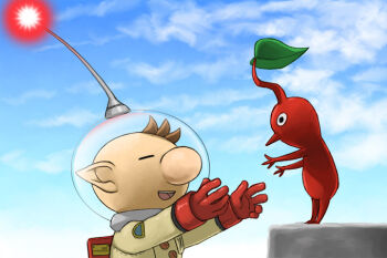 1boy backpack bag big_nose black_eyes blue_sky brown_hair buttons closed_eyes cloud colored_skin commentary_request day gloves happy head_tilt helmet imminent_hug leaf looking_at_another naru_(wish_field) nintendo olimar open_mouth outdoors outstretched_arms patch pikmin_(creature) pikmin_(series) pointy_ears radio_antenna red_bag red_gloves red_pikmin red_skin short_hair sky smile space_helmet spacesuit teeth upper_body upper_teeth_only very_short_hair