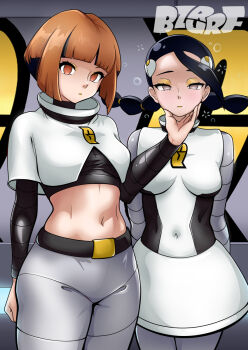2girls belt black_hair breasts brown_eyes bzurrf candice_(pokemon) crop_top dress gardenia_(pokemon) large_breasts long_sleeves looking_at_viewer medium_breasts medium_hair mind_control multi-tied_hair multiple_girls nintendo orange_eyes orange_hair pants pokemon pokemon_dppt team_galactic team_galactic_uniform