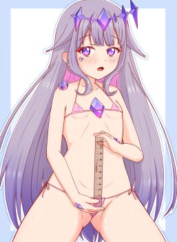 1girl bikini blush breasts chest_jewel colored_inner_hair covered_erect_nipples crown gem hair_flaps highres hololive hololive_english jewel_under_eye kisaragi_1go koseki_bijou loli long_hair looking_at_viewer measuring micro_bikini multicolored_hair navel open_mouth penis_measuring purple_eyes purple_hair ruler side-tie_bikini_bottom simple_background small_breasts swimsuit very_long_hair virtual_youtuber