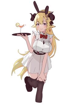 1girl absurdres animal_ears bare_arms black_thighhighs blonde_hair blush bow bowtie breasts cocktail_glass cropped_legs cup dress drinking_glass fake_animal_ears food fruit hair_ornament hair_ribbon hairclip hashtag-only_commentary highres holding holding_tray hololive horns large_breasts long_hair looking_at_viewer mendako_(wjkgreat) orange_(fruit) orange_slice purple_eyes red_bow red_bowtie ribbon sheep_ears sheep_girl sheep_horns simple_background smile solo standing standing_on_one_leg thighhighs tray tsunomaki_watame tsunomaki_watame_(watame_night_fever!!) virtual_youtuber white_background white_dress