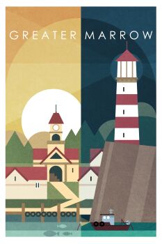 absurdres boat border cliff clock day day_and_night dredge_(video_game) english_text forest highres house landscape light_rays lighthouse nature night no_humans non-web_source official_art outdoors path place_name road scenery shore simple_fish split_crop split_screen sun tower unused_tire watercraft white_border