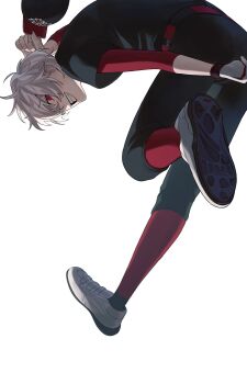 1boy baseball_cap baseball_uniform belt black_hat black_pants black_shirt cleats colored_shoe_soles commentary_request earrings full_body gloves grey_hair grin hat highres holding holding_unworn_clothes holding_unworn_hat jewelry jumping kuzuha_(nijisanji) layered_sleeves lips long_bangs long_sleeves looking_at_viewer looking_back male_focus mole mole_under_eye multiple_earrings nijisanji nijisanji_koshien pants pointy_ears red_belt red_eyes red_sleeves red_socks shirt shirt_tucked_in shoe_soles shoes short_hair short_over_long_sleeves short_sleeves simple_background single_glove smile socks solo sportswear textless_version unworn_hat unworn_headwear variant_set virtual_youtuber white_background white_gloves white_shoes zmzm_hiji