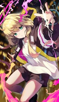 1girl ahoge blonde_hair dutch_angle elle_(monster_strike) green_eyes halo highres hood hoodie kuronyan9630 low_twintails monster_strike night night_sky pink_hair shirt shorts sky solo thighs twintails white_shirt