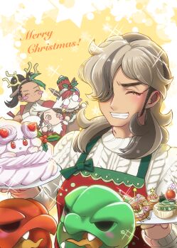 1boy 3girls aadakouda absurdres alcremie alcremie_(strawberry_sweet) animal_ears apron arven_(holiday_2025)_(pokemon) arven_(pokemon) black_hair blue_hair blush_stickers brown_hair chibi closed_eyes commentary_request fake_animal_ears fake_antlers fake_horns food_pick freckles gen_8_pokemon green_hair hairband highres horn_hairband horns juliana_(pokemon) male_focus merry_christmas multicolored_hair multiple_girls nemona_(pokemon) nintendo penny_(pokemon) pokemon pokemon_masters_ex pokemon_sv red_apron red_hair round_eyewear scovillain sparkle star_(symbol) sweater two-tone_hair white_sweater