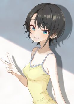 1girl black_hair highres hololive looking_at_viewer oozora_subaru ponpokotanutan1 short_hair smile tagme tank_top v