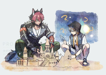 2boys ? ?? animal_ear_fluff animal_ears artist_name bandaged_arm bandages black_gloves black_hair black_jacket blue_wetsuit bracelet bucket_hat cargo_pants closed_mouth collar collarbone commentary_request dog_boy dog_ears dog_tail ear_piercing egokihcomo fingerless_gloves fish_hat full_body gloves green_pants grey_background grey_hair grey_pants hair_between_eyes hat holding_trowel jacket jewelry komano_manato looking_at_object male_focus multicolored_hair multiple_boys multiple_scars muscular muscular_male navel necklace official_alternate_costume open_mouth pants pectorals piercing red_bandage red_eyes red_hair sand sand_castle sand_sculpture scar scar_across_eye scar_on_chest scar_on_face shirt short_hair sparkle spiked_jacket squatting tail towel towel_around_neck trowel v-shaped_eyebrows watermark white_shirt wise_(peaceful_waves)_(zenless_zone_zero) wise_(zenless_zone_zero) zenless_zone_zero