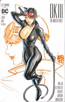 1girl acecore2k batman_(series) black_bodysuit black_hat bodysuit breasts brown_eyes brown_hair catwoman choker cleavage commentary copyright_name cover_sketch dc_comics english_commentary english_text full_body goggles goggles_on_headwear hat highres holding holding_weapon holding_whip large_breasts looking_up marker partially_unzipped pinup_(style) profile selina_kyle smile solo traditional_media weapon white_background