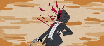 Rule 34 | 1boy, absurdres, adachi tooru, bbdbbdbud, belt, black jacket, black pants, broken screen, brown background, collared shirt, crt, formal clothes, gun, handgun, highres, holding, holding gun, holding weapon, jacket, long sleeves, male focus, necktie, object head, pants, persona, persona 4, red necktie, revolver, shirt, solo, standing, suit, weapon, white shirt