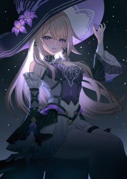 1girl bare_shoulders breasts brown_hair cleavage commentary_request detached_sleeves dress hat herta_(honkai:_star_rail) highres honkai:_star_rail honkai_(series) long_hair looking_at_viewer medium_breasts oimo_imonium purple_dress purple_eyes purple_hat sitting solo the_herta_(honkai:_star_rail) thigh_strap witch_hat