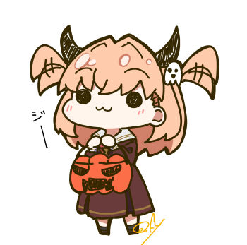 1girl :3 absurdres brown_dress chibi chibi_only closed_mouth commentary demon_horns dress fake_horns full_body ghost_hair_ornament halloween_bucket hasu_no_sora_school_uniform highres hinoshita_kaho holding horns link!_like!_love_live! long_sleeves love_live! medium_hair neckerchief oofushi_ao orange_hair red_neckerchief sailor_collar sailor_dress school_uniform simple_background solid_circle_eyes solo standing symbol-only_commentary two_side_up virtual_youtuber white_background white_sailor_collar winter_uniform