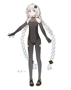 1girl ahoge armlet ayakura_juu bangle bare_shoulders black_bodysuit black_gloves black_shoes blue_eyes bodysuit bracelet braid clothing_cutout elbow_gloves full_body gloves hair_ornament hair_tubes jewelry kizuna_akari kizuna_akari_(vocaloid6) long_hair low_twintails multicolored_shoes nail_polish no_jacket official_art orange_nails orange_shoes parted_lips partially_fingerless_gloves reference_sheet second-party_source shoes simple_background sleeveless sleeveless_bodysuit solo standing thigh_cutout twin_braids twintails undersuit very_long_hair vocaloid white_background white_hair