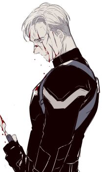 Rule 34 | 1boy, ambulance00, blood, blood on clothes, blood on face, bloody weapon, bodysuit, captain america, captain america (series), commentary request, dagger, gloves, highres, holding, holding dagger, holding knife, holding weapon, injury, knife, korean commentary, looking at object, looking down, male focus, marvel, monochrome, open mouth, short hair, solo, star (symbol), steve rogers, superhero costume, upper body, weapon