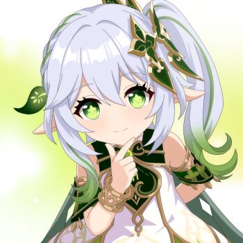 1girl arm_behind_back bare_shoulders bracelet closed_mouth commentary_request detached_sleeves dress genshin_impact gold_trim gradient_hair green_eyes green_hair green_sleeves hair_between_eyes hair_ornament hand_up jewelry leaf_hair_ornament looking_at_viewer miraa_(mirroa1015) multicolored_hair nahida_(genshin_impact) partial_commentary pointy_ears side_ponytail sleeveless sleeveless_dress smile solo star-shaped_pupils star_(symbol) symbol-shaped_pupils white_hair