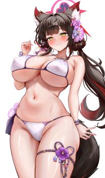 1girl absurdres animal_ear_fluff animal_ears bare_arms bikini black_hair blue_archive blush breasts closed_mouth commission cowboy_shot flower fox_ears fox_girl fox_tail hair_flower hair_ornament halo highres huge_breasts long_hair navel red_hair red_halo revision simple_background solo stomach swimsuit tail thighs usagol7 wakamo_(blue_archive) wakamo_(swimsuit)_(blue_archive) white_background