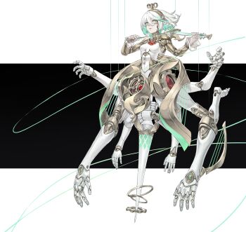 1girl absurdres aqua_hair black_background bow_(music) breasts cecilia_immergreen commentary english_commentary extra_arms full_body gears gradient_hair green_eyes highres holding holding_bow_(music) holding_instrument holding_violin holding_weapon hololive hololive_english instrument mechanical_arms multicolored_hair parted_lips polearm raresauce robot_girl simple_background small_breasts solo spear two-tone_background violin virtual_youtuber weapon white_background white_hair winding_key