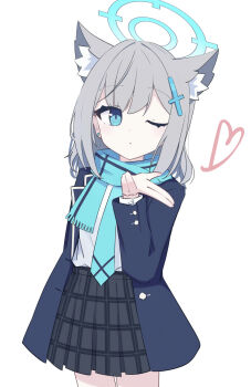 1girl animal_ears black_skirt blowing_kiss blue_archive blue_eyes blue_jacket blue_scarf commentary cross_hair_ornament earrings grey_hair hair_ornament halo heart highres jacket jewelry long_sleeves looking_at_viewer one_eye_closed plaid_clothes plaid_skirt pleated_skirt scarf school_uniform shiroko_(blue_archive) shirt short_hair simple_background skirt solo symbol-only_commentary unoi white_background white_shirt wolf_ears