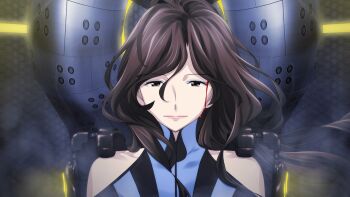 1girl bare_shoulders blood blood_drip blood_from_forehead blood_on_face blue_bodysuit bodysuit brown_eyes brown_hair clothing_cutout collarbone exoskeleton floating_hair fukuda_tomonori game_cg hair_over_shoulder high_collar highres indoors lipstick long_hair looking_at_viewer makeup mature_female mecha_interior mecha_pilot_suit narrowed_eyes non-web_source official_art parted_bangs pilot piloting red_lips robotics;notes science_adventure senomiya_misaki shiny_lips shoulder_cutout sitting skin_tight smile smoke solo vertical-striped_bodysuit