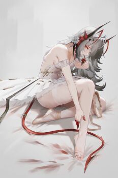 1girl absurdres alternate_costume antenna_hair arknights ballerina ballet ballet_slippers bare_shoulders breasts cleavage demon_girl demon_horns demon_tail dress finger_cots gradient_eyes grey_hair highres horns long_hair lucasafontes medium_breasts mouth_hold multicolored_eyes panties shoes sideboob single_shoe sitting solo strapless strapless_dress tail toeless_legwear tutu underwear unworn_shoes very_long_hair w_(arknights) w_(ballerina)_(arknights) white_background white_panties