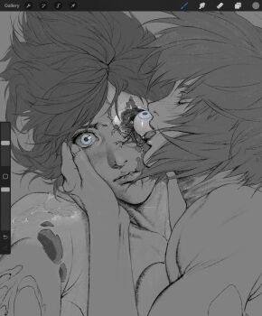 2girls aizheajsee black_hair blue_eyes cyborg ghost_in_the_shell ghost_in_the_shell:_stand_alone_complex grey_background highres kusanagi_motoko medium_hair multiple_girls multiple_persona side-by-side spot_color user_interface