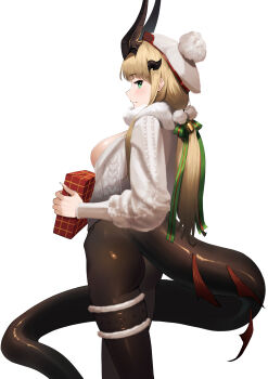 1girl absurdres alternate_costume aqua_eyes arknights ass black_horns black_pantyhose blonde_hair breasts breasts_out chinese_commentary closed_mouth commentary_request dragon_girl dragon_horns dragon_tail feet_out_of_frame fingernails from_side ghosty_(xiaobai) gift hat highres holding holding_gift horns large_breasts long_fingernails long_hair long_sidelocks looking_at_viewer multiple_horns pantyhose reed_(arknights) reed_the_flame_shadow_(arknights) sidelocks simple_background solo standing sweater tail white_background white_hat white_sweater