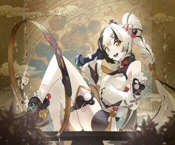 Rule 34 | 1girl, bare shoulders, black hair, black shoes, blurry, blurry foreground, braid, braided twintails, chakram, china dress, chinese clothes, cloud, commentary request, corded phone, crossed legs, detached sleeves, dialyn (zenless zone zero), double bun, dress, earrings, hair bun, hair extensions, hair ornament, hairclip, highres, holding, holding phone, id card, jewelry, knees up, long hair, looking at viewer, multicolored hair, multicolored nails, necktie, open mouth, panda hair ornament, phone, ring hair extensions, shoes, sitting, solo, split-color hair, thighhighs, weapon, white dress, white hair, white thighhighs, yellow eyes, yellow necktie, zenless zone zero, zeroartwo