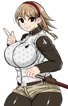 1girl :&gt; black_eyes breasts brown_hair closed_mouth cowboy_shot doron_dororon ginchiyo_(doron_dororon) hairband hand_up huge_breasts katana kunisada_kimisono large_breasts long_sleeves looking_at_viewer pantyhose pointing red_hairband short_hair short_shorts shorts shounen_jump simple_background smile solo sword thick_thighs thighs vest weapon white_background