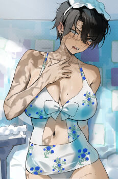 Rule 34 | 1girl, absurdres, black eyes, black hair, breasts, burn scar, cleavage, collarbone, commentary, cropped legs, earrings, floral print, grey eyes, heterochromia, highres, jewelry, large breasts, looking at viewer, maid headdress, mole, mole on breast, mole under mouth, navel, notched ear, one-piece swimsuit, original, park ongjol, parted bangs, scar, scar across eye, scar on arm, scar on chest, scar on face, scar on leg, scar on lip, scar on neck, scarred tomboy maid (park ongjol), scars all over, short hair, single earring, solo, stitched face, stitched leg, stitches, swimsuit, too many, white one-piece swimsuit
