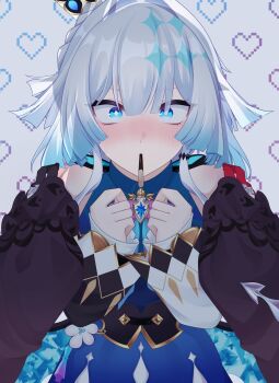 2girls asymmetrical_gloves blue_dress blue_eyes blue_hair blush bright_pupils cerydra_(honkai:_star_rail) crown diamond-shaped_pupils diamond_(shape) dress food food_in_mouth gloves hands_on_another&#039;s_shoulders heart heart_background highres honkai:_star_rail honkai_(series) hysilens_(honkai:_star_rail) imminent_pocky_kiss mini_crown mismatched_gloves multiple_girls pocky pocky_day pocky_in_mouth pov pov_hands sweatdrop symbol-shaped_pupils u7_u7u white_pupils yuri