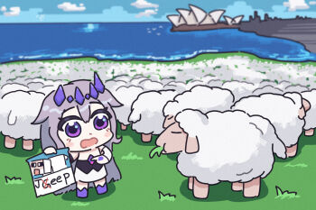 1girl australia bing_huyue blush_stickers chest_jewel chibi circlet eating gem gem_hair_ornament hair_flaps hand_jewel highres hololive hololive_english koseki_bijou long_hair minecraft ocean open_mouth poster_(object) purple_eyes purple_footwear purple_gem purple_hair sheep sheep_(minecraft) sky sydney_opera_house virtual_youtuber