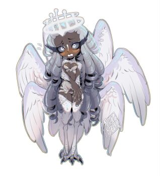 1girl angel angel_wings bird_girl blackberreh-art body_fur bra breasts chibi colored_sclera colored_skin dark-skinned_female dark_skin drill_hair frilled_bra frilled_panties frills garter_straps glowing glowing_halo grey_hair grey_sclera grey_skin halo hazbin_hotel hellaverse highres long_eyelashes long_hair panties sera_(hazbin_hotel) solo talons underwear underwear_only very_long_hair white_bra white_eyes white_panties wings