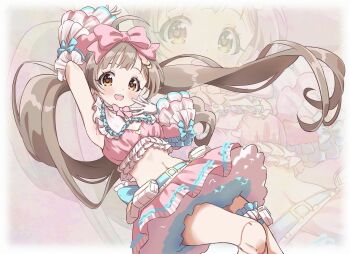 1girl ahoge alternate_costume arm_up belt blue_belt blush bow bowtie brown_eyes brown_hair detached_sleeves doll_joints floating_hair frilled_skirt frills goma_konbu hair_bow hakozaki_serika highres idolmaster idolmaster_million_live! idolmaster_starlit_season joints long_hair looking_at_viewer midriff open_mouth pink_bow pink_bowtie pink_skirt shirt skirt sleeveless sleeveless_shirt smile solo sweet_dolls_(idolmaster) twintails zoom_layer