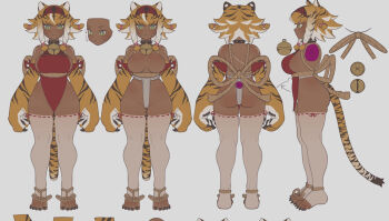 1girl animal_ears animal_hands bell bottomless braid braided_bangs breasts commentary concept_art dark-skinned_female dark_skin english_commentary garu_(poch4n) green_eyes headband highres large_breasts multicolored_fur multiple_braids neck_bell orange_fur original poch4n red_headband rope scar simple_background solo striped_fur striped_hair striped_tail tail thighhighs tiger_ears tiger_girl tiger_paws tiger_stripes tiger_tail