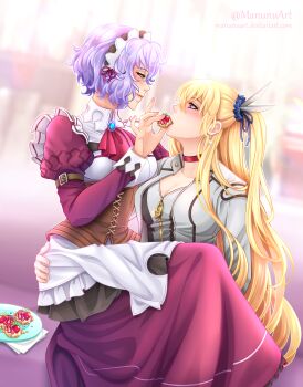 Rule 34 | 2girls, absurdres, alisa reinford, ascot, blonde hair, breasts, brooch, choker, cleavage, commentary, commission, cookie, deviantart username, dress, earrings, eiyuu densetsu, english commentary, feeding, food, green eyes, hair between eyes, highres, jacket, jewelry, large breasts, long hair, maid, maid headdress, manu-chann, multiple girls, open clothes, open jacket, purple hair, red choker, red eyes, second-party source, sen no kiseki, sen no kiseki (series), sen no kiseki iii, sharon kreuger, short hair, side ponytail, sidelocks, sitting, sitting on lap, sitting on person, twitter username, yuri