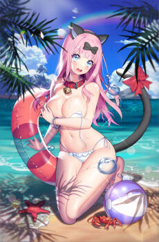 1girl absurdres animal_ears ball beachball bell bikini black_bow blue_eyes blush bow breasts cat_ears cat_tail cleavage cloud collar commentary_request day fake_animal_ears fake_tail female_focus fujiwara_chika hair_bow highres holding holding_swim_ring innertube kaguya-sama_wa_kokurasetai_~tensai-tachi_no_renai_zunousen~ large_breasts lemonpear long_hair looking_at_viewer navel neck_bell ocean untied_bikini open_clothes open_mouth outdoors pink_hair red_bow red_collar revision solo summer swim_ring swimsuit tail white_bikini