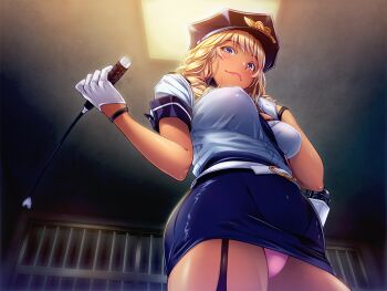 1girl belt blonde_hair blue_eyes bra breasts bubuzuke cell dark-skinned_female dark_skin female_focus from_below gal_kanshu_rina-chan_no_m_otoko-ka_seikyouiku_shidou game_cg garter_straps gloves hat large_breasts legs long_hair looking_at_viewer looking_down mole panties pink_panties police police_uniform policewoman riding_crop skirt smile solo standing thighs underwear upskirt whip