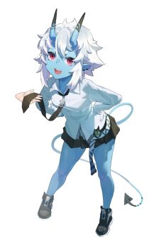 1girl absurdres black_skirt blue_skin breasts colored_skin commentary_request demon_horns demon_tail disembodied_hand earclip full_body hands_on_own_hips highres horns loose_necktie necktie oni open_mouth partially_unbuttoned pleated_skirt pointy_ears red_eyes shirt shoes short_eyebrows simple_background skirt small_breasts sneakers solo_focus soukaku_(zenless_zone_zero) tail white_background white_hair white_shirt zenless_zone_zero zhileng_zhil