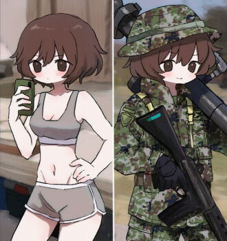 2girls akiyama_yukari ammunition_pouch assault_rifle black_gloves blurry blurry_background boonie_hat breast_pocket breasts brown_eyes brown_hair camouflage camouflage_headwear camouflage_jacket camouflage_pants cellphone cleavage closed_mouth collared_jacket commentary container cowboy_shot curtains day dolphin_shorts dot_mouth dual_persona expressionless fgm-148_javelin frown girls_und_panzer gloves green_headwear green_jacket green_pants green_shirt grey_shorts grey_sports_bra groin gun hand_on_own_hip hat highres holding holding_gun holding_phone holding_weapon howa_type_89 indoors jacket japan_ground_self-defense_force japan_self-defense_force light_blush load_bearing_equipment long_sleeves looking_at_phone looking_at_viewer loungewear man-portable_anti-tank_systems messy_hair military military_combat_uniform military_hat military_jacket military_uniform missile_launcher multiple_girls multiple_views navel outdoors over_shoulder pants patch phone pocket popped_collar pouch precision-guided_firearm ri_(qrcode) rifle rocket_launcher shirt short_hair short_shorts shorts shoulder_patch small_breasts smartphone smile soldier split_screen sports_bra standing stomach thighs trigger_discipline weapon weapon_over_shoulder