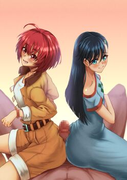 1boy 2girls armony_eiselstein baraniku belt black_hair blush buttjob closed_mouth clothed_female_nude_male commentary_request commission commissioner_upload dress fullmetal_alchemist looking_at_viewer multiple_girls nude open_mouth red_eyes red_hair short_hair skeb_commission smile