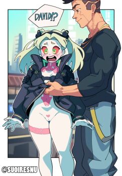 1boy 1girl aqua_hair assisted_exposure black_hair blue_skin blush bottomless breasts cleft_of_venus clothes_lift colored_sclera colored_skin cyberpunk:_edgerunners cyberpunk_(series) dark-skinned_female dark-skinned_male dark_skin david_martinez english_text green_eyes hetero highres jacket long_hair mohawk navel no_panties open_mouth public_indecency purple_lips pussy rebecca_(cyberpunk) red_sclera shortstack size_difference small_breasts smile suoiresnu sweat tattoo teeth twintails uncensored