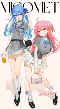 2girls :d :q ahoge bag black_shoes blue_eyes blue_hair blush breasts cup drinking_glass drinking_straw flat_chest green_eyes grey_shirt hair_bun hair_ribbon handbag highres hololive hoshimachi_suisei large_breasts layered_skirt long_hair looking_at_viewer multiple_girls neck_ribbon one_side_up open_mouth pink_hair ribbon sakura_miko sakurada_nana shirt shoes shoulder_bag skirt smile socks tongue tongue_out twitter_username virtual_youtuber white_skirt white_socks