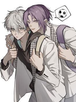 2boys bag ball black_hoodie blue_lock chin_on_another's_shoulder hakuho_high_school_uniform hand_on_another's_shoulder highres hood hoodie mikage_reo moonlight_121 multiple_boys nagi_seishirou purple_hair school_bag school_uniform shirt short_hair shoulder_bag simple_background smile soccer_ball white_hair white_shirt yaoi