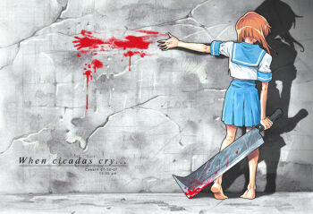 Rule 34 | 00s, 1girl, barefoot, billhook, blood, blue eyes, brown hair, copyright name, dated, dominic ian cabatit, feet, female focus, graphite (medium), hashitsuki nata, hatchet, higurashi no naku koro ni, image sample, nata (tool), outstretched arm, ryuuguu rena, sailor collar, school uniform, serafuku, shadow, short hair, short sleeves, skirt, soles, solo, standing, traditional media, wall, weapon