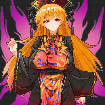 Rule 34 | 1girl, black dress, black hat, blonde hair, breasts, chinese clothes, chinese commentary, closed mouth, commentary request, crescent, crescent print, dalachi (headdress), dress, eaglov, energy tail, fox tail, hat, highres, junko (touhou), large breasts, long hair, long sleeves, looking at viewer, multiple tails, orange hair, phoenix print, pixel art, red eyes, red tabard, solo, tabard, tail, touhou, very long hair, wide sleeves