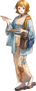 1girl bag blue_haori brown_eyes brown_hair chopsticks fish fish_(food) floral_print folded_hair full_body haori hozuka_(kadokawa) japanese_clothes kantai_collection kimono lantern long_hair looking_at_viewer official_art ootomari_(kancolle) ootomari_(yukata)_(kancolle) plate sandals saury smile solo standing striped_haori third-party_source transparent_background yellow_kimono yukata