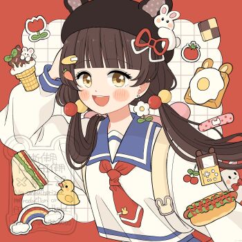 Rule 34 | 1girl, :d, animal hat, bag, blue sailor collar, blunt bangs, blush stickers, border, bread, bread slice, brown hair, brown hat, checkerboard cookie, commentary, cookie, eeppa, egg (food), flower, food, grid background, hair bobbles, hair ornament, hand up, hat, highres, hot dog, ice cream, long hair, long sleeves, looking at viewer, low twintails, necktie, open mouth, original, outside border, rabbit hat, rabbit pin, red border, red flower, red necktie, red tulip, rubber duck, sailor collar, sandwich, school bag, school uniform, serafuku, shirt, smile, solo, symbol-only commentary, toast, tomato, tulip, twintails, upper body, watermark, white background, white shirt, yellow eyes