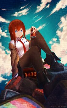 1girl ankle_boots artist_name black_boots black_shorts blue_eyes blue_sky blurry boots brown_jacket brown_pantyhose can closed_mouth cloud collared_shirt day depth_of_field dr_pepper drink_can expressionless female_focus foreshortening full_body hair_between_eyes highres holding jacket jacket_off_shoulders long_hair long_sleeves looking_at_viewer makise_kurisu necktie off_shoulder open_clothes open_jacket pantyhose red_hair red_necktie rimuu science_adventure shirt shorts sitting sky soda_can solo static steins;gate television unzipped white_shirt wing_collar zipper