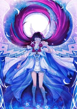 Rule 34 | 1girl, artist name, black hair, blue flower, bow, closed mouth, columbina (genshin impact), commentary, dress, eye mask, fingernails, flower, full body, genshin impact, hair ornament, hair spread out, hand up, highres, hiya cass, long hair, long sidelocks, lying, mask, on back, parted lips, purple hair, sidelocks, solo, very long hair, white bow, white dress, wing hair ornament, wings, wrist bow