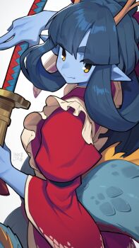 1girl apron blue_hair blue_skin blush borrowed_character colored_skin eastern_dragon_horns eastern_dragon_maid_(murgoten) eastern_dragon_tail hata4564 highres holding holding_sword holding_weapon horns japanese_clothes kimono long_hair looking_back maid maid_apron original pointy_ears red_kimono ring_sidelocks sidelocks simple_background solo sword tail wa_maid weapon white_apron white_background wide_sleeves yellow_eyes